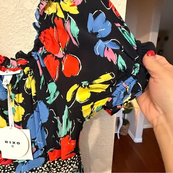 NWT RIXO  Floral Off the Shoulder Puff Maxi Dress Black 14 - Picture 16 of 16